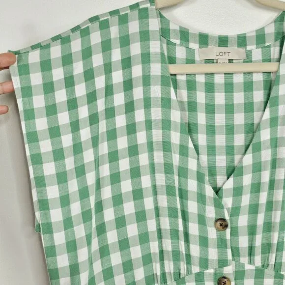 Loft Gingham Button Flare Dress Womens 16 Green White Cottage Country Western - Picture 12 of 13